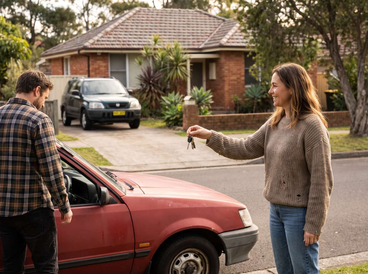Handing over keys of a trade-in beside a new car